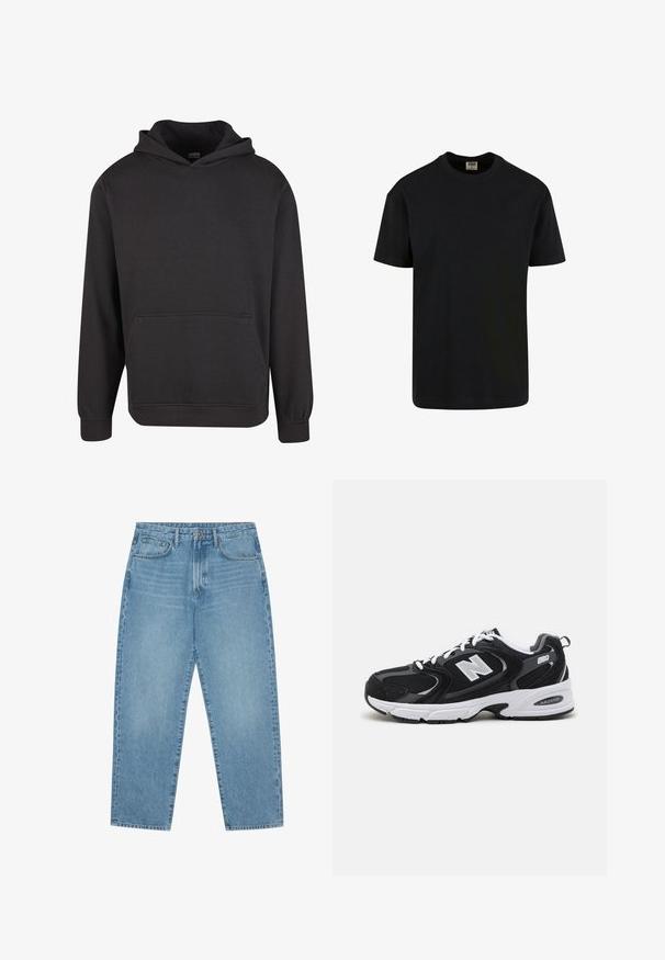 Zwarte pullover hoodie gemaakt van zachte stof, met een voorzak in kangoeroestijl, brede manchetten en een ontspannen pasvorm. Zonder afbeeldingen of patronen.; Urban Classics SHORTSLEEVE - T-shirt basic - black; Lichtblauwe denim jeans met een rechte pijp, vijfzakkenontwerp en een licht verweerde look. Voorzien van een knoop- en ritssluiting.; Zwarte en grijze sport schoenen met een bovenwerk van mesh en suede, voorzien van een witte tussenzool, veters en een gedurfde "N"-logo aan de zijkant.