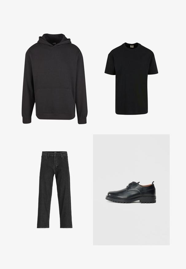Schwarzer Pullover mit Kapuze aus weichem Stoff, ausgestattet mit einer Kängurutasche vorne, breiten Bündchen und einer legeren Passform. Ohne Grafiken oder Muster.; Urban Classics SHORTSLEEVE - T-Shirt basic - black; Schwarze Jeans aus Denim mit geradem Bein, ausgestattet mit einem Reißverschluss, Gürtelschlaufen und sechs Taschen, gefertigt aus einem robusten Baumwollmischgewebe.; Schwarze Leder Derby-Schuhe mit glatter Textur, runder Zehenform, Schnürdesign und einer dicken, robusten Gummisohle.