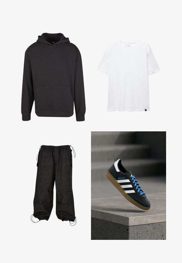 Schwarzer Pullover mit Kapuze aus weichem Stoff, ausgestattet mit einer Kängurutasche vorne, breiten Bündchen und einer legeren Passform. Ohne Grafiken oder Muster.; Weißes T-Shirt mit kurzen Ärmeln, regulärer Passform, rundem Ausschnitt und kleinem schwarzem Stoffetikett am unteren Saum.; Dunkle Jeanshose mit weitem Schnitt, elastischem Bund, Kordelzug zur Weitenregulierung und zwei großen seitlichen Taschen. Am Knöchel mit gerafften Bündchen.; Schwarzer Adidas-Sneaker mit weißen Streifen, blauen Schnürsenkeln und Gummisohle, der über einer grauen Betontreppe im weichen Licht schwebt.