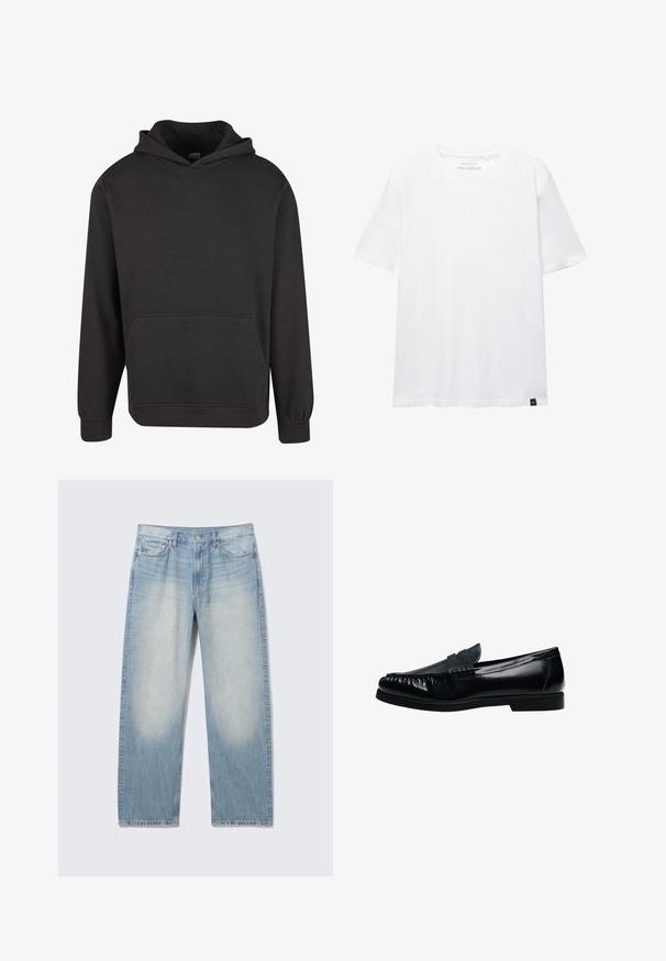 Sweat à capuche noir en tissu doux, doté d'une poche kangourou à l'avant, de larges poignets et d'une coupe décontractée. Sans motifs ni imprimés.; T-shirt blanc à manches courtes coupe droite avec encolure ronde et petite étiquette en tissu noire en bas de l'ourlet.; Jean droit en denim bleu clair avec cuisses avant délavées, style cinq poches, fermeture par boutons et passants pour ceinture.; Mocassin penny loafer pour homme en cuir noir avec bout moc cousu et petit talon, présenté de profil sur fond blanc.