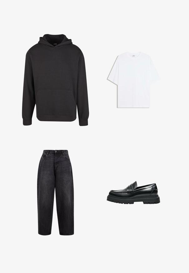 Zwarte pullover hoodie gemaakt van zachte stof, met een voorzak in kangoeroestijl, brede manchetten en een ontspannen pasvorm. Zonder afbeeldingen of patronen.; Wit oversized katoenen T-shirt met een ronde hals en korte mouwen; gladde textuur, zonder zichtbare patronen of accenten.; Zwarte denim wijde steekjeans met een hoge taille, voorzien van een knoopsluiting, voorkzakken en een licht gewassen textuur voor een casual uitstraling.; Zwarte leren loafer met dikke grof profielzool en pennybandje, zijaanzicht op witte achtergrond.
