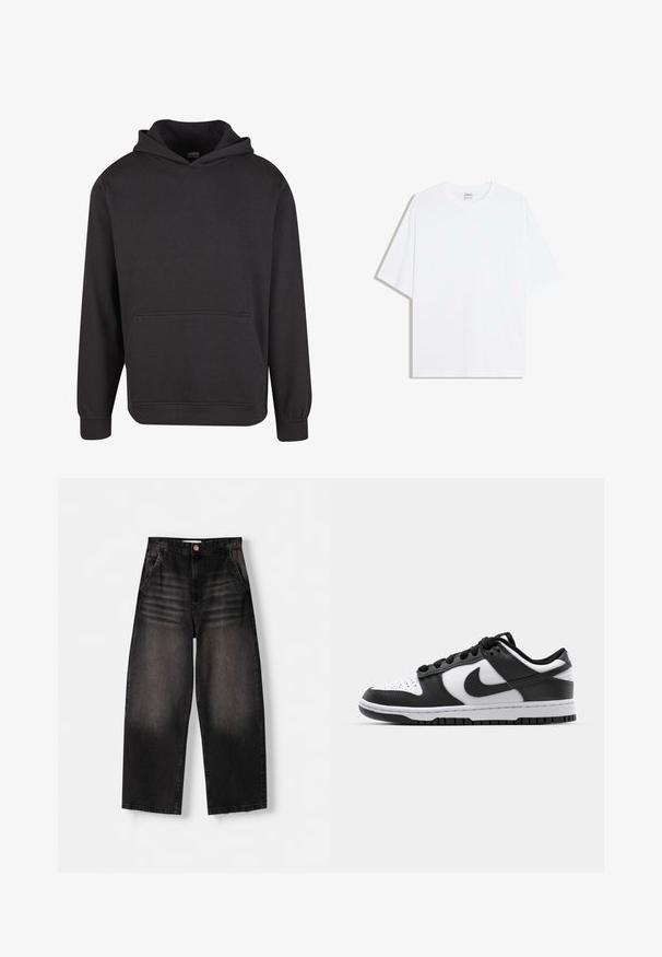 Zwarte pullover hoodie gemaakt van zachte stof, met een voorzak in kangoeroestijl, brede manchetten en een ontspannen pasvorm. Zonder afbeeldingen of patronen.; Wit oversized katoenen T-shirt met een ronde hals en korte mouwen; gladde textuur, zonder zichtbare patronen of accenten.; Zwarte denim wijde broek met een vervaagd ontwerp, voorzien van vijf zakken, een knoopsluiting en subtiele slijtage-details aan de voorkant.; Zwart-witte Nike Dunk sneakers met een leren bovenwerk, geperforeerde neus, zwarte veters en een zwarte rubberen zool met profiel.