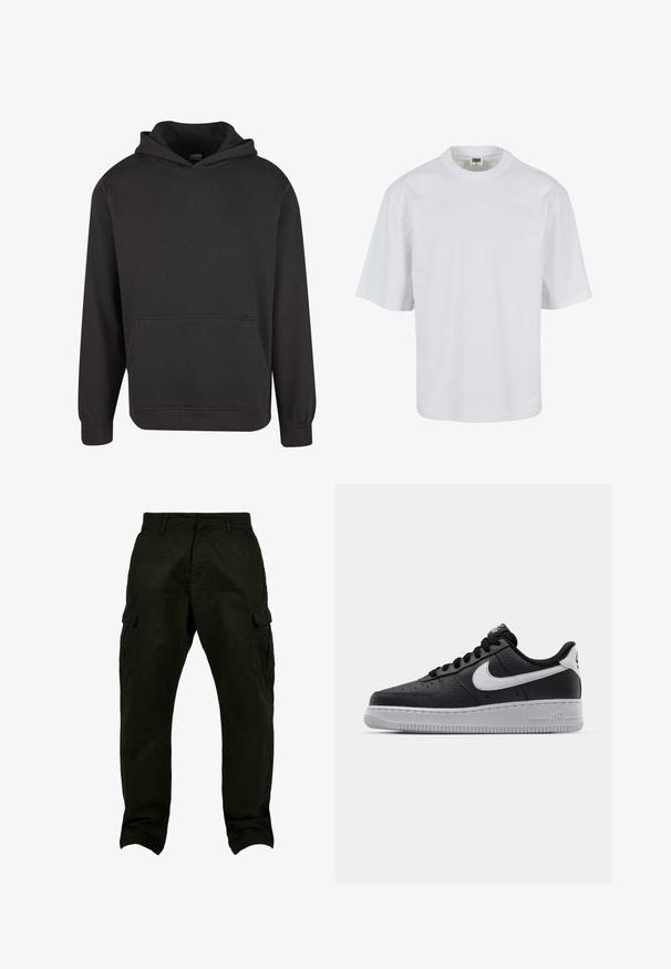 Schwarzer Pullover mit Kapuze aus weichem Stoff, ausgestattet mit einer Kängurutasche vorne, breiten Bündchen und einer legeren Passform. Ohne Grafiken oder Muster.; Weißes T-Shirt mit kurzen Ärmeln aus Baumwolle. Verfügt über einen Rundhalsausschnitt und einen lockeren Schnitt mit glatter Oberfläche sowie ohne sichtbare Muster oder Grafiken.; Schwarze Baumwoll-Cargohosen mit entspannter Passform, seitlichen Taschen, Gürtelschlaufen und geraden Beinen. Strukturierter Stoff und verstärkte Nähte.; Schwarze Ledersneaker mit strukturierten Oberflächen, weißem Nike-Swoosh, grauer Sohle, runder Zehenpartie und Schnürdesign. Verfügt über Perforationen an der Zehenbox.