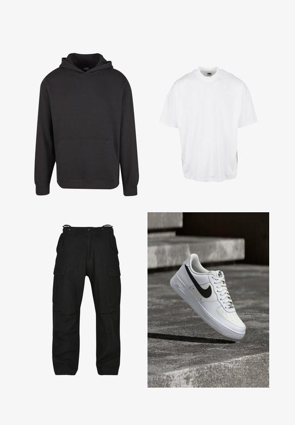 Zwarte pullover hoodie gemaakt van zachte stof, met een voorzak in kangoeroestijl, brede manchetten en een ontspannen pasvorm. Zonder afbeeldingen of patronen.; Witte katoenen t-shirt met een relaxte pasvorm, korte mouwen en een ronde halslijn, met een rechte zoom en geen zichtbare grafische afbeeldingen of patronen.; Zwarte cargo broek van stevig materiaal. Beschikt over meerdere zakken, een ontspannen pasvorm en een ritssluiting met knoop. Verstevigde stiksels op de naden.; Witte Nike Air Force 1 sneaker met zwarte swoosh, veters gestrikt, zwevend in de lucht boven een gestructureerd betonnen oppervlak buiten.