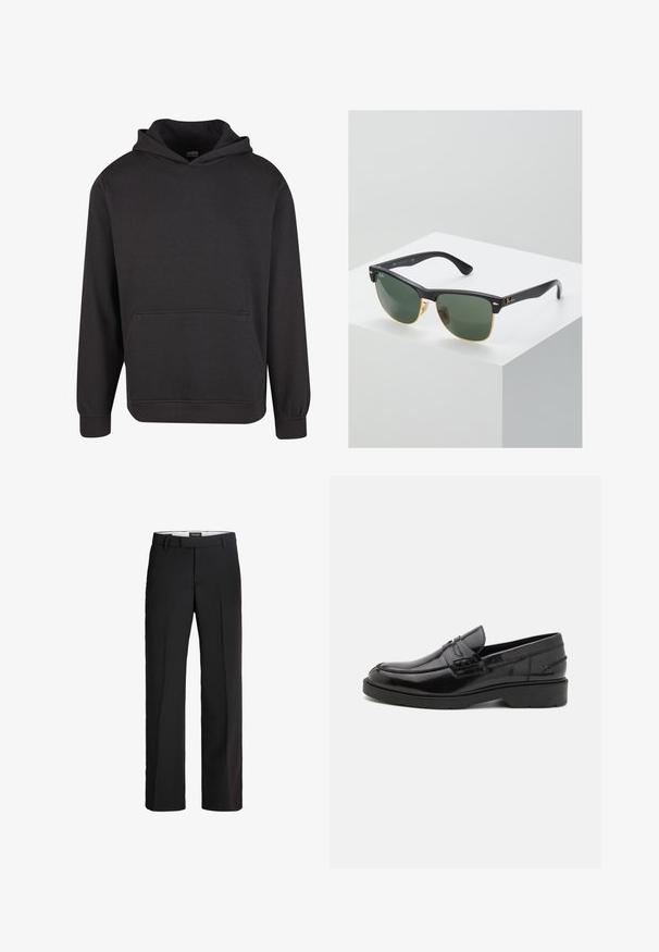 Zwarte pullover hoodie gemaakt van zachte stof, met een voorzak in kangoeroestijl, brede manchetten en een ontspannen pasvorm. Zonder afbeeldingen of patronen.; Zwarte broek met een verfijnde pasvorm; heeft een platte voorkant, twee zijzakken en een gladde textuur; gemaakt van een lichtgewicht, ademend materiaal.; Zwarte leren instappers met een gladde afwerking, ronde neus, lage hak en decoratieve stiksels aan de voorkant. Rubberen buitenzool voor grip.; Ray-Ban zonnebrillen met groene lenzen, zwarte plastic monturen en gouden accenten aan de randen. Vierkante vorm met een matte afwerking.