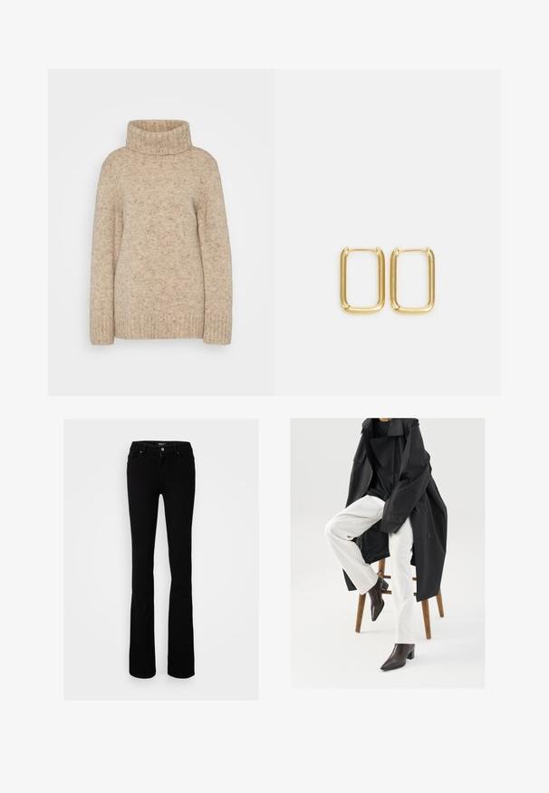 Beige strikket turtleneck sweater med ribbet krave, lange ærmer og en tekstureret finish med subtile striber. Løs pasform.; Sorte stræk denim flared jeans med knaplukning, fire lommer og en glat overflade, designet til en tætsiddende silhuet.; Sort, oversized trenchcoat over en sort top, parret med hvide bukser og brune, spidse ankelstøvler, siddende på en træstol.; Guldmetalløshængere med firkantet form, glatte kanter og en poleret overflade, der reflekterer lys med en blank finish.