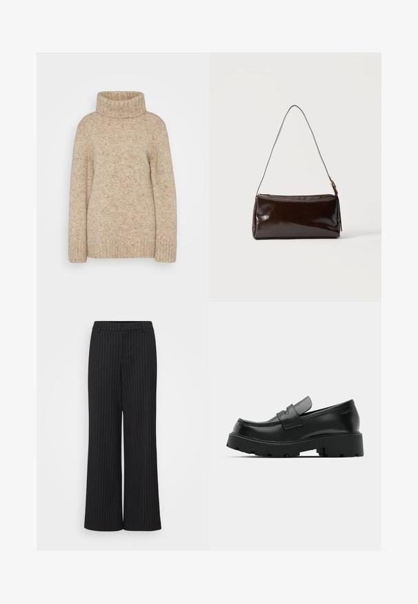 Suéter de punto beige con cuello alto, mangas largas y un acabado texturizado que presenta sutiles motas. Diseño de ajuste relajado.; Pantalones de pierna ancha negros con rayas blancas, hechos de una tela suave, con una cinturilla plana y un diseño entallado para un ajuste estructurado.; Mocasines de cuero negro con suela gruesa y texturizada, que presentan una correa sobre el empeine y un acabado suave y pulido.; Bolso de hombro rectangular de cuero marrón oscuro con una única correa delgada y hebilla dorada sobre un fondo liso.