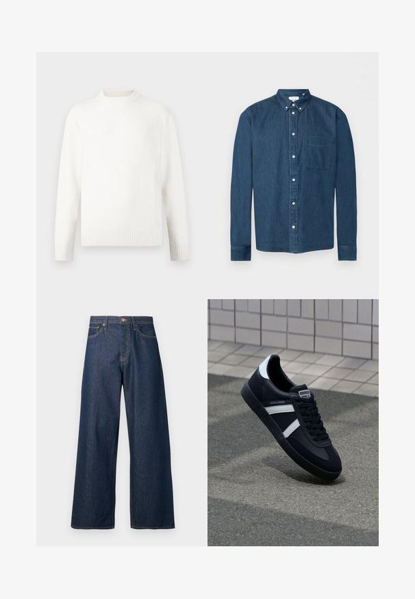 Cremefarvet sweater med en høj ribbet halsudskæring, lange ærmer og ribbede manchetter. Stoffet ser blødt og tekstureret ud.; Mørkeblå denimskjorte med knapper, lange ærmer, en forlommer til venstre og en knaplukket krave, vist på en hvid baggrund.; Vidbenede jeans lavet af mørkt denim med orange syninger, som har fem lommer, en knaplukning foran og en lige silhuet.; Sort lædersneaker med hvide striber, tekstureret gummisål og snørrebånd foran. Har et brandet mærke på tungen.