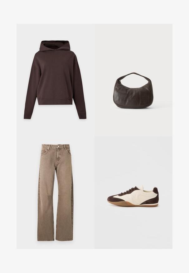 Sweat à capuche uni brun foncé, à manches longues, coupe ample, sans motifs ni logos visibles, présenté sur un fond gris clair.; Jeans marron clair taille haute, coupe droite, avec bouton et fermeture éclair à l'avant, poches avant et arrière, présentés sur un fond blanc.; Baskets marron et crème présentant un mélange de matériaux texturés et lisses, profil bas, design à lacets, et semelle en caoutchouc.; Petit sac à main marron foncé texturé avec une courte bandoulière et un fond arrondi sur un fond clair uni.