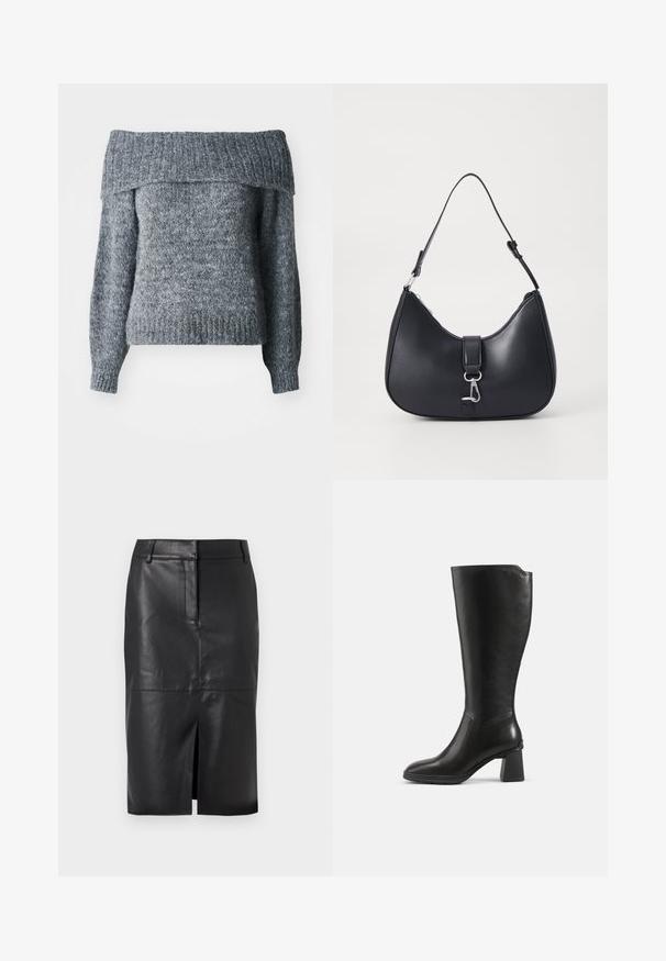 Pull gris à épaules dénudées, texture tricotée, manches longues, ourlet et encolure côtelés avec une coupe ample, idéal pour le superposition.; Jupe crayon en cuir noir avec une fente avant, présentant une texture lisse, deux poches latérales et une silhouette ajustée.; Botte en cuir noire montant jusqu’au genou avec un talon bloc et un bout arrondi, vue de profil sur un fond uni.; Pieces PCLIKA SHOULDER BAG - Sac à main - black