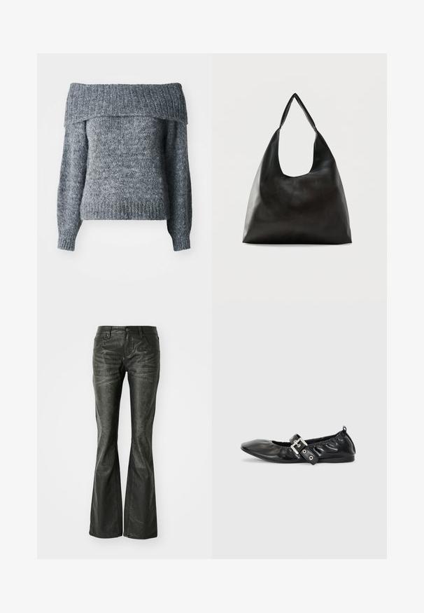 Pull gris à épaules dénudées, texture tricotée, manches longues, ourlet et encolure côtelés avec une coupe ample, idéal pour le superposition.; Jean flare en simili cuir noir avec poches avant, fermeture à bouton métallique et surface légèrement texturée. Jambe droite avec une coupe longue.; Chaussure plate en cuir noir avec un nez pointu, des détails froncés autour de l'ouverture et un accent en boucle argentée sur la bride ajustable.; Sac bandoulière en cuir noir lisse avec une large sangle unique et un design décontracté et minimaliste sur un fond uni.