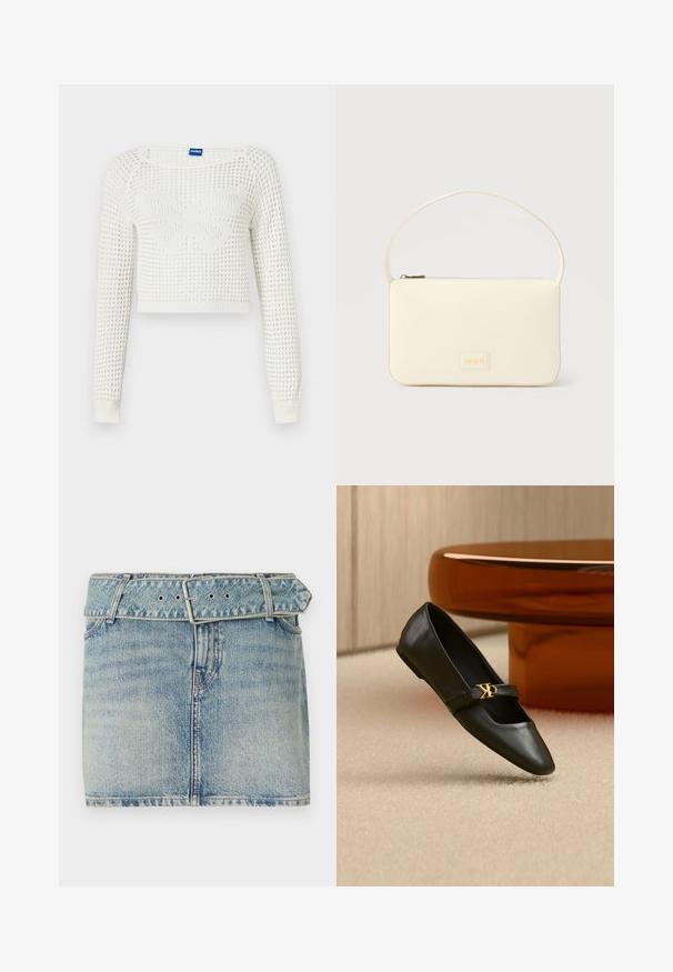 Pull en tricot blanc cropped avec un motif texturé, présentant un design de papillon au centre et des poignets côtelés sur les manches.; Jupe en denim mini avec un délavage bleu clair, dotée d'une taille ceinturée avec une boucle en métal, cinq poches et un léger effet dégradé pour la texture.; Chaussure plate en cuir noir avec bout pointu et logo CK doré sur la bride, posée sur un tapis beige près d'une table ronde couleur ambre brun.; Sac à main rectangulaire de couleur crème avec une seule sangle et une fermeture éclair sur le dessus, comportant une petite plaque de logo embossé à l'avant.