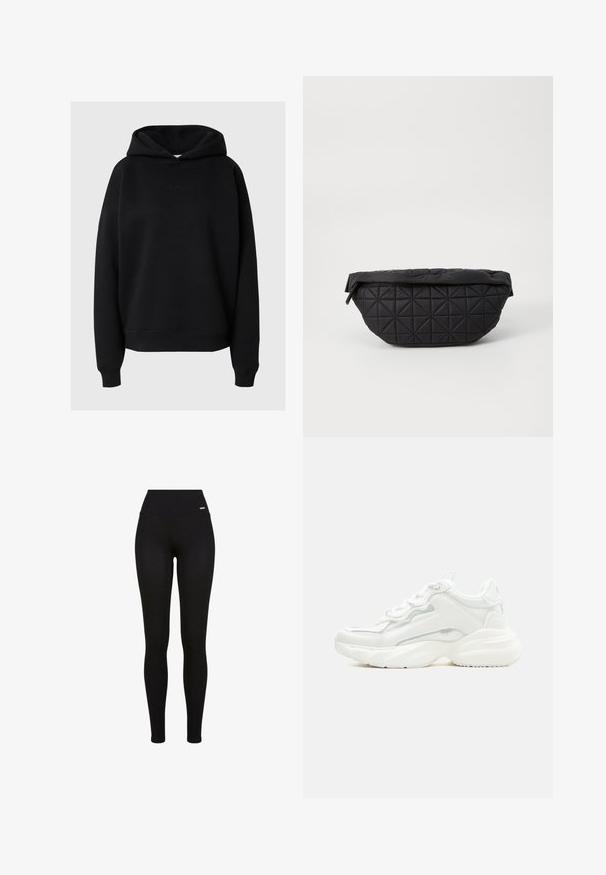 Zwarte capuchontrui van een zachte stof, met een relaxte pasvorm, ribgebreide manchetten en een subtiele logodetail aan de voorkant.; Zwarte leggings met een hoge tailleband, rekbaar materiaal, een soepele textuur en een pasvorm die geschikt is voor casual of sportieve kleding.; Witte chunky sneaker met dikke zool, veters aan de voorkant en een glad bovenwerk van synthetisch materiaal met subtiele stikdetails.; Zwarte, gewatteerde tas met een zachte, gewatteerde textuur en een hoekig ruitpatroon, met een gebogen silhouet en ritssluiting.