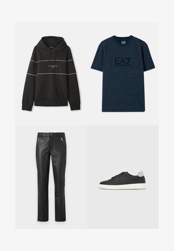 Musta huppari, jossa on valkoisia vaakasuoria raitoja ja rintapuolelle kirjailtu "Emporio Armani Milano" -teksti.; T-paita tummansinisestä puuvillasta, lyhyet hihat, tekstuuri pinta ja keskellä musta EA7 Emporio Armani -logo.; Mustat nahkahousut, joissa on kapea sovitus, kaksi vetoketjullista etutaskua, vetoketjusulje ja sileä pinta.; Musta matalakärkinen lenkkitossu valkoisella pohjallisella ja harmaalla kantakappaleen läpällä, sivukuva valkoisella taustalla.