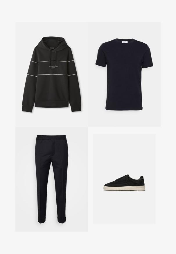 Musta kapuutsiga sweatshirt, millel on valged horisontaalsed triibud ja rinnal on brodeeritud tekst "Emporio Armani Milano".; Musthave pehmeavillane must t-särk lühikeste varrukatega ja ümar kaelus, millel on väike valge silt kaela sees.; Mustad püksid kerge kangaga, elastse vöökoha, küljetaskute ja keeratud varrukaotsadega. Sile tekstuur esiplekkidega.; Mustast seemisest madala lõuaga toss, mustade paelte ja valge kummist tallaga, külgvaade ühevärvilisel heledal hallil taustal.