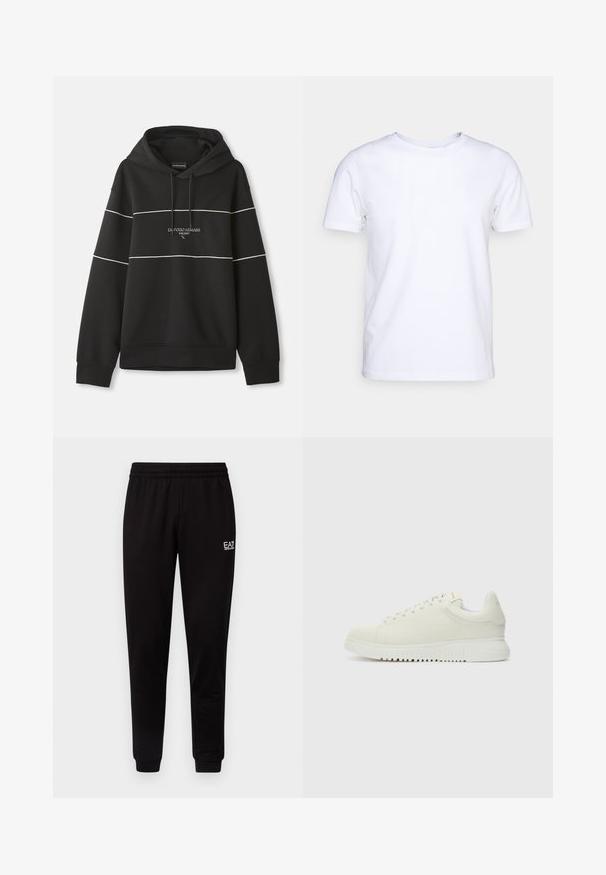 Čierna mikina s kapucňou a bielymi horizontálnymi pruhmi, s nápisom "Emporio Armani Milano" vyšitým na hrudi.; Biela kratkosrstá bavlnená tričko s okrúhlym výstrihom. Jednoduchý dizajn bez vzorov alebo akcentov. Hladká textúra.; Čierne tepláky s elastickým pásom, zúženými nohavicami a malým bielym logom na ľavej hornej strane. Hladký materiál a jednoduchý dizajn.; Biele kožené tenisky s textúrovaným vrchom, zaoblenou špičkou, plochou bielou podrážkou a tonálnymi šnúrkami. Diskrétne logo na jazyku.