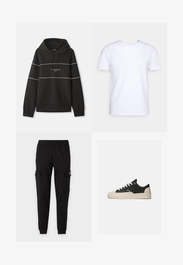 Čierna mikina s kapucňou a bielymi horizontálnymi pruhmi, s nápisom "Emporio Armani Milano" vyšitým na hrudi.; Biela kratkosrstá bavlnená tričko s okrúhlym výstrihom. Jednoduchý dizajn bez vzorov alebo akcentov. Hladká textúra.; Čierne cargo nohavice s elastickým pásom, dvoma bočnými vreckami a logom na ľavej strane. Hladká textúra, zúžené na členkoch.; Nízke tenisky v čiernej a béžovej farbe s bielymi šnúrkami, textúrovaným vrchom a hrubou béžovou podrážkou, zobrazené z vonkajšej strany na jednoduchom pozadí.