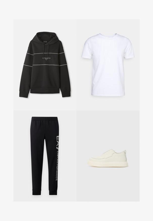 Sudadera con capucha negra con franjas horizontales blancas y texto "Emporio Armani Milano" bordado en el pecho.; Camiseta blanca de manga corta en tejido de algodón con cuello redondo. Diseño simple sin patrones ni acentos. Textura suave.; Pantalones de chándal negros hechos de una mezcla de algodón, con una cinturilla elástica, piernas estrechas, puños acanalados y estampado de logo blanco en el lateral.; Zapatilla slip-on en material texturizado color blanco roto con una suela gruesa y estriada. Presenta costuras mínimas y un sutil acento azul claro.