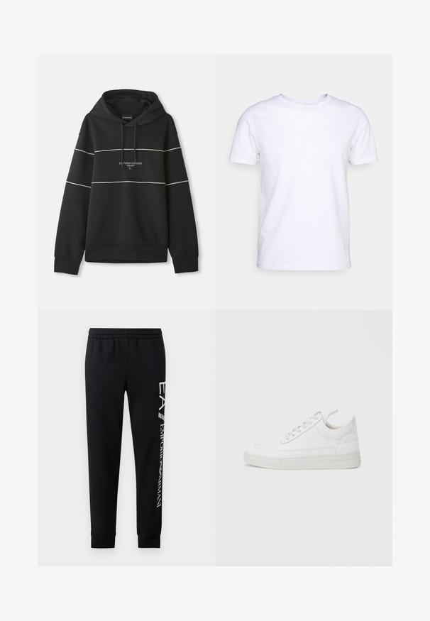 Čierna mikina s kapucňou a bielymi horizontálnymi pruhmi, s nápisom "Emporio Armani Milano" vyšitým na hrudi.; Biela kratkosrstá bavlnená tričko s okrúhlym výstrihom. Jednoduchý dizajn bez vzorov alebo akcentov. Hladká textúra.; Čierne tepláky vyrobené z bavlnenej zmesi, s elastickým pásom, zúženými nohavicami, ribovanými manžetami a bielym logom na boku.; Biela kožená teniska s okrúhlou špičkou, plochou podrážkou a šnurovaním vpredu. Má švy a polstrovaný golier pre pohodlie.