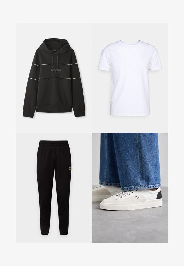 Sort hættetrøje med hvide vandrette striber og teksten "Emporio Armani Milano" broderet på brystet.; Hvid kortærmet t-shirt i bomuldsstof med rund halsudskæring. Enkel design uden mønstre eller detaljer. Glat tekstur.; Sorte sweatpants med elastisk talje, tætsiddende manchetter og et lille gult logo på den øverste venstre ben. Blødt, glat stof.; Hvide og sorte sneakers med en glat læderoverdel, teksturerede detaljer og en kraftig hvid sål. Har et klassisk snørebåndsdesign.