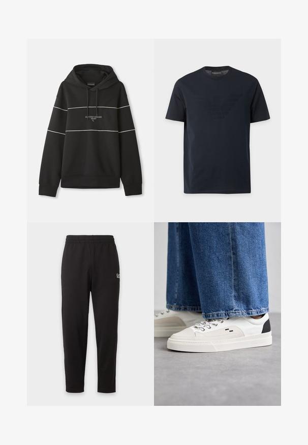 Schwarzer Kapuzenpullover mit weißen horizontalen Streifen und dem aufgestickten Text "Emporio Armani Milano" auf der Brust.; Schwarzes T-Shirt mit kurzen Ärmeln und Rundhalsausschnitt, mit einem dezenten, erhabenen Adler-Logo auf der Brust und einem Markenetikett innen im Kragen.; Schwarze elastische Jogginghose mit zulaufenden Beinen und einem kleinen weißen Logo am oberen linken Oberschenkel.; Weiße und schwarze Sneaker mit einem Obermaterial aus glattem Leder, strukturierten Akzenten und einer massiven weißen Sohle. Verfügt über ein klassisches Schnürdesign.
