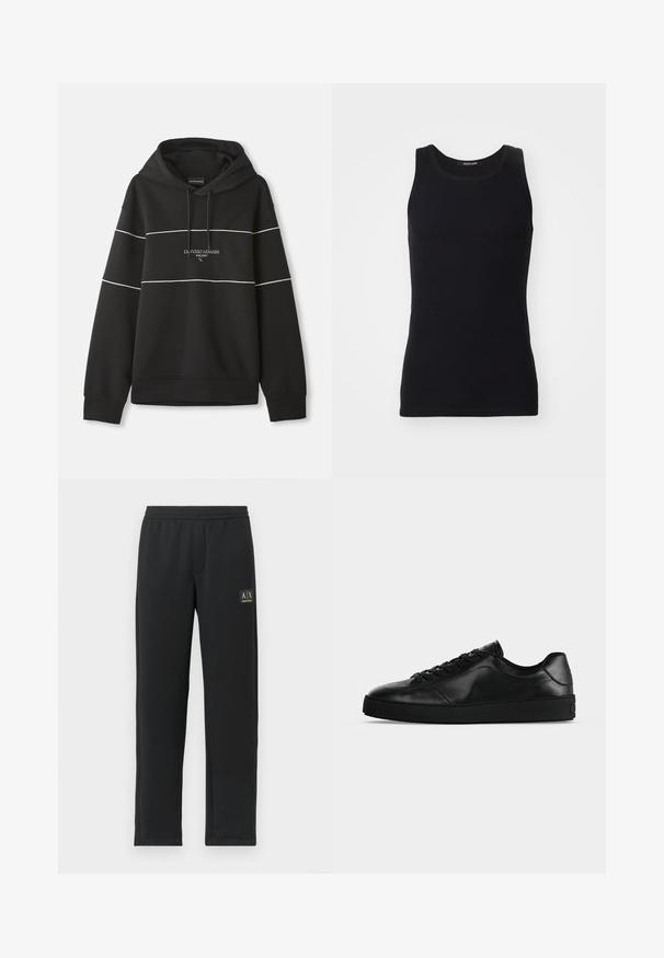Čierna mikina s kapucňou a bielymi horizontálnymi pruhmi, s nápisom "Emporio Armani Milano" vyšitým na hrudi.; Čierny tielko vyrobené z hladkého, elastického materiálu. Má okrúhly výstrih a bezrúčkový dizajn, priliehavý strih a jednoduchý vzhľad.; Čierne teplákové nohavice s rovnými nohavicami, elastickým pásom a čiernym nášivkou loga na hornej ľavej stehne.; Nízky čierny kožený teniska s predným šnurovaním a textúrovanou plochou podrážkou, zobrazená z boku na neutrálnej pozadí.