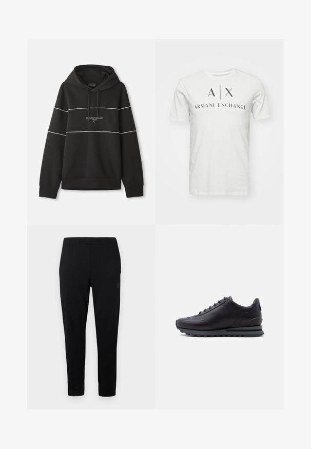 Musta kapuutsiga sweatshirt, millel on valged horisontaalsed triibud ja rinnal on brodeeritud tekst "Emporio Armani Milano".; Valge puuvillane T-särk, millel on musta värvi trükitud logo "A|X ARMANI EXCHANGE" rinna keskosas. Ümmargune kaelus, lühikesed varrukad.; Mustad vabaajapüksid elastse vöökoha, kitsendatud lõike ja nähtava riistvara puudumisega. Omavad küljele trükitud peent logot.; Must madala profiliga toss tunkpaelaga, silest nahast pealiskihiga ja tekstuurse kummist tallaga, näidatud külgvaates valgel taustal.