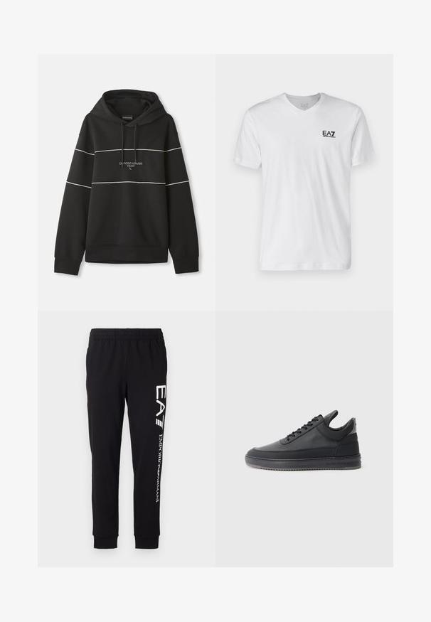 Musta kapuutsiga sweatshirt, millel on valged horisontaalsed triibud ja rinnal on brodeeritud tekst "Emporio Armani Milano".; Valge puuvillane T-särk V-kaelusega, lühikeste varrukatega, millel on must EA7 logo vasakul rinnal. Sile tekstuur, lihtne disain.; Mustad mustad, mis on valmistatud venivast kangast. Funktsioonideks on elastne vöökoht, kitsenevad varrukad ja valge bränding vasakul jalal.; Mustad nahkkingad tekstuurse pinnaga, kinnitatavad paeltega, madala varbaga ning hall kummitald, millel on sooneline äär.