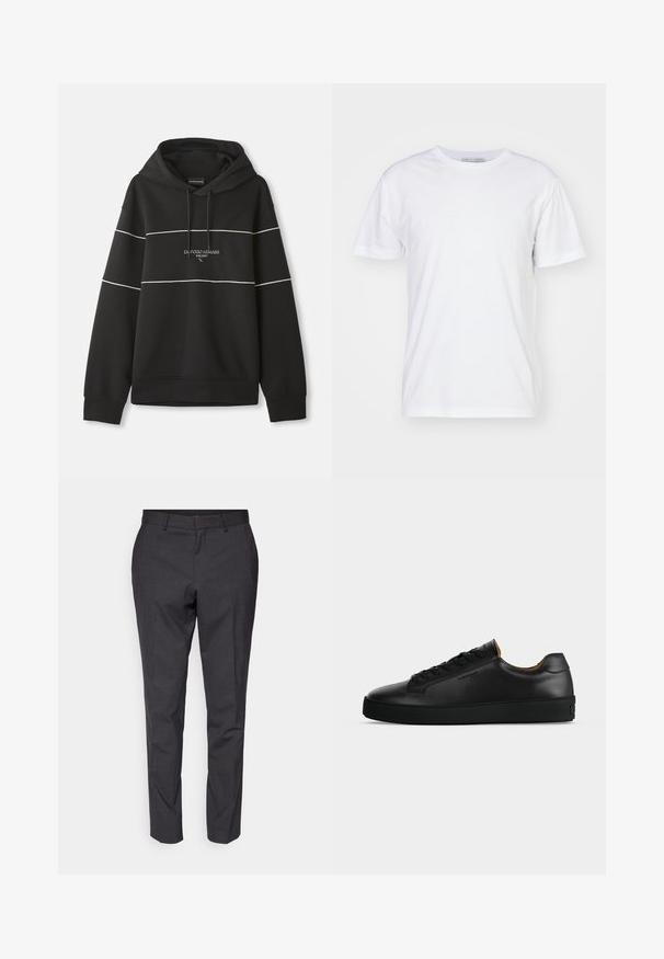 Musta kapuutsiga sweatshirt, millel on valged horisontaalsed triibud ja rinnal on brodeeritud tekst "Emporio Armani Milano".; Valge puuvillane T-särk ümarate kaelustega, lühikeste varrukatega ja sirge lõikega. Ilma mustrite või kaunistusteta, sile tekstuur ja lihtne disain.; Hallid kohandatud püksid, millel on sile tekstuur, slim-fit lõige ja kitsenevad sääred, esipool läheb tasaseks ning on varustatud vöökummide lisadega.; Mustad madala säärega nahast vabaajajalatsid mustade paelte, tekstuuri kummipõhjaga ja väikese reljeefse logoga küljel, kujutatud profiilis halli taustaga.