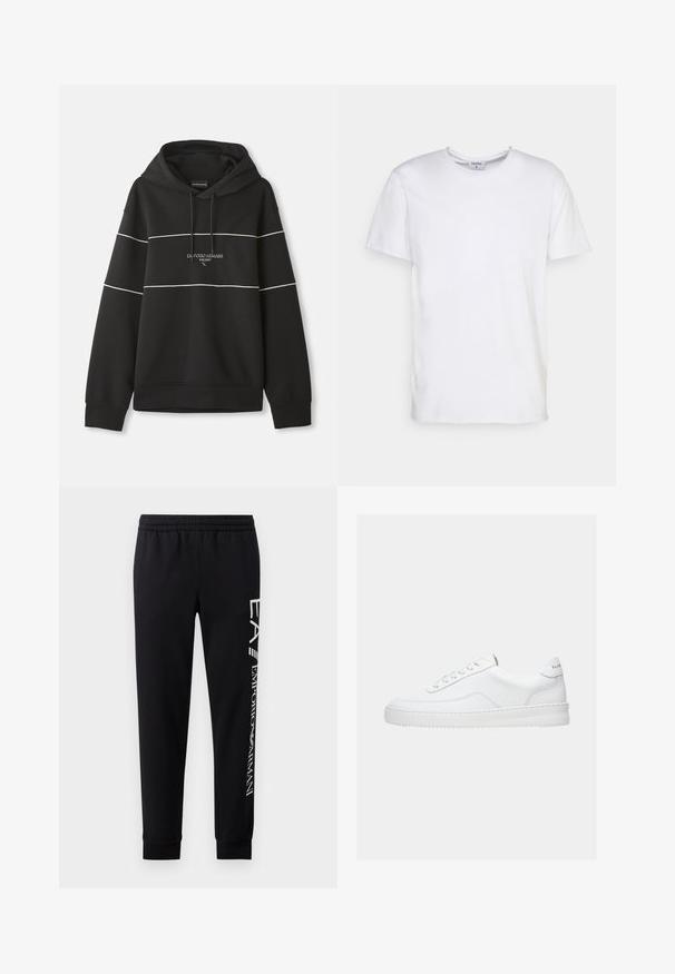 Čierna mikina s kapucňou a bielymi horizontálnymi pruhmi, s nápisom "Emporio Armani Milano" vyšitým na hrudi.; Biely krátky rukáv tričko vyrobené z bavlny. Má okrúhly výstrih a voľný strih bez viditeľných vzorov alebo akcentov.; Čierne tepláky vyrobené z bavlnenej zmesi, s elastickým pásom, zúženými nohavicami, ribovanými manžetami a bielym logom na boku.; Biela nízka teniska so šnurovacím dizajnom, hladkým koženým zvrškom a hrubou podrážkou, zobrazená z bočného pohľadu na jednoduchom pozadí.