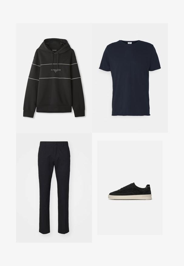 Čierna mikina s kapucňou a bielymi horizontálnymi pruhmi, s nápisom "Emporio Armani Milano" vyšitým na hrudi.; Námornícky modré bavlnené tričko s okrúhlym výstrihom a krátkymi rukávmi, s hladkou textúrou a jednoduchým dizajnom, bez viditeľných vzorov alebo akcentov.; Námornícke nohavice v strihu na mieru, vyrobené z hladkej látky. Majú plochý predok, páskové slučky a rovné nohavice s čistým lemom.; Čierna semišová nízka teniska s čiernymi šnúrkami a bielou gumovou podrážkou, bočný pohľad na jednotnom svetlosivom pozadí.