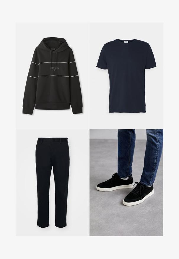 Musta kapuutsiga sweatshirt, millel on valged horisontaalsed triibud ja rinnal on brodeeritud tekst "Emporio Armani Milano".; Tumed sinine puuvillane T-särk, millel on ümar kaelus ja lühikesed varrukad, sile tekstuur ja lihtne disain, ilma nähtavate mustrite või aksessuaarideta.; Mustad sirgedega mustad püksid, valmistatud siledast kangast. Omavad vööd ja vöösildu, ilma nähtavate taskute või mustriteta.; Mustast nahast tennisetossud valge kummiseguga tallaga, klassikalise madala disainiga, ümarate varvastega ja lame mustade paeltega.