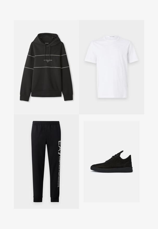 Čierna mikina s kapucňou a bielymi horizontálnymi pruhmi, s nápisom "Emporio Armani Milano" vyšitým na hrudi.; Biely bavlnený tričko s okrúhlym výstrihom a krátkymi rukávmi. Hladká textúra, rovný strih a minimalistický dizajn bez vzorov alebo akcentov.; Čierne tepláky vyrobené z bavlnenej zmesi, s elastickým pásom, zúženými nohavicami, ribovanými manžetami a bielym logom na boku.; Čierne semišové tenisky s nízkym profilom, okrúhlou špičkou a textúrovanou gumovou podrážkou. Obsahujú päť očiek a zadný popruh.