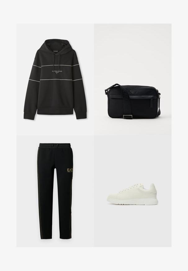 Sudadera con capucha negra con franjas horizontales blancas y texto "Emporio Armani Milano" bordado en el pecho.; Los pantalones de chándal negros presentan un diseño entallado, una cinturilla elástica con cordón y franjas doradas en los costados y en el logo.; Zapatilla blanca de cuero con parte superior texturizada, punta redondeada, suela blanca plana y cordones tonales. Marca sutil en la lengüeta.; Bolso de hombro negro de nailon con una correa de contraste, forma rectangular elegante, detalle del logo y un bolsillo con cremallera en la parte frontal.