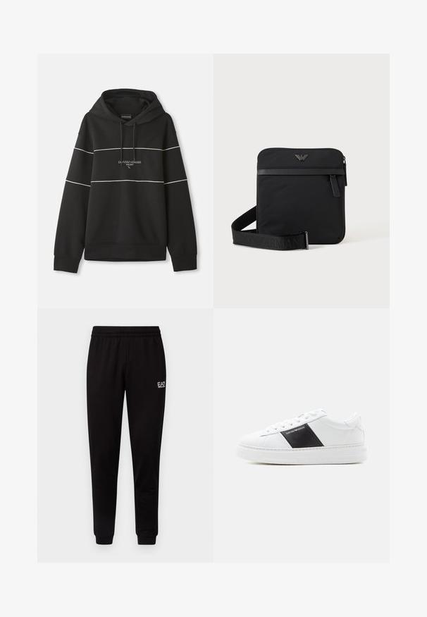 Musta kapuutsiga sweatshirt, millel on valged horisontaalsed triibud ja rinnal on brodeeritud tekst "Emporio Armani Milano".; Mustad mustad püksid elastse vöökohtaga, kitsenevate jalgadega ja väikese valge logoga vasakul ülal. Sile tekstuur ja lihtne disain.; Valge madala säärega toss, musta külgpaneeli ja Emporio Armani logoga, valgete paelte ja paksu valge tallaga lihtsal taustal.; Must ruudukujuline õlakott tõmblukuga, esitasku ja reguleeritava rihmaga, millel on reljeefne kaubamärgi nimi.
