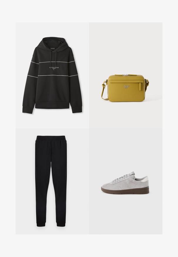 Musta huppari, jossa on valkoisia vaakasuoria raitoja ja rintapuolelle kirjailtu "Emporio Armani Milano" -teksti.; Mustat collegehousut, joissa on joustava vyötärönauha, kapenevat lahkeet ja resorireunaiset nilkkuritilät. Valmistettu pehmeästä kankaasta ilman näkyviä kuvioita.; Harmaa mokkanahkainen matala tennari, jossa ruskea pohja, nauhakiinnitys edessä ja valkoinen kantakoriste, esillä yksinkertaisella valkoisella taustalla.; Pieni sinapinkeltainen suorakaiteen muotoinen olkalaukku, jossa etutasku vetoketjulla ja hopeinen logovempa keskellä etupaneelia.