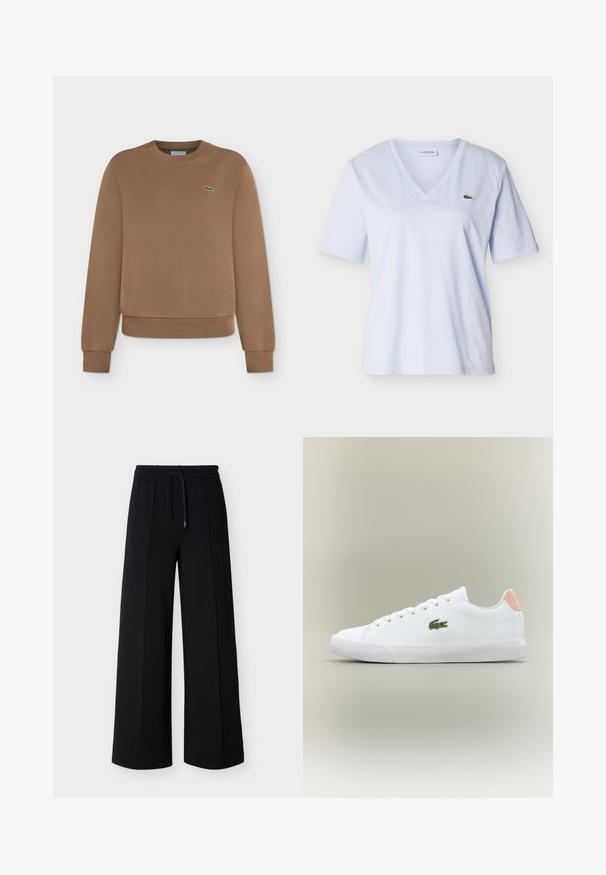 Sweat-shirt marron à manches longues avec poignets et ourlet côtelés, avec un petit logo crocodile vert sur la poitrine gauche.; Chemise bleu clair à col en V et manches courtes avec un petit logo crocodile vert sur le côté gauche de la poitrine, présentée sur un fond uni.; Pantalon noir à jambes larges en tissu doux, doté d'une ceinture élastique avec cordon de serrage et de coutures latérales pour une coupe décontractée.; Baskets blanches à lacets avec un extérieur en cuir lisse, un embout texturé et un logo brodé vert ; dotées d'un accent rose à l'arrière.