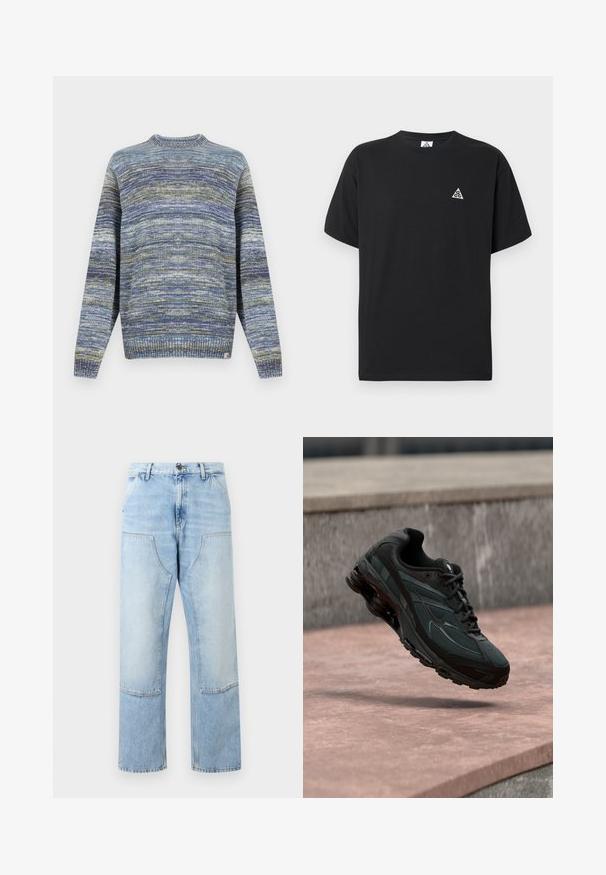 Pull en maille aux teintes bleues et vertes. Encolure ronde, poignets et ourlet côtelés. Motif texturé avec des nuances variées et une étiquette logo à l'ourlet.; T-shirt noir à manches courtes avec petit logo triangulaire blanc sur le côté gauche de la poitrine.; Jean en denim bleu clair à taille haute, avec grandes poches plaquées à l'avant, fermeture à boutons et jambes larges et droites.; Baskets athlétiques noires avec une semelle intercalaire à coussin d’air visible flottant au-dessus d’une surface en pierre rose avec un mur en pierre gris en arrière-plan.