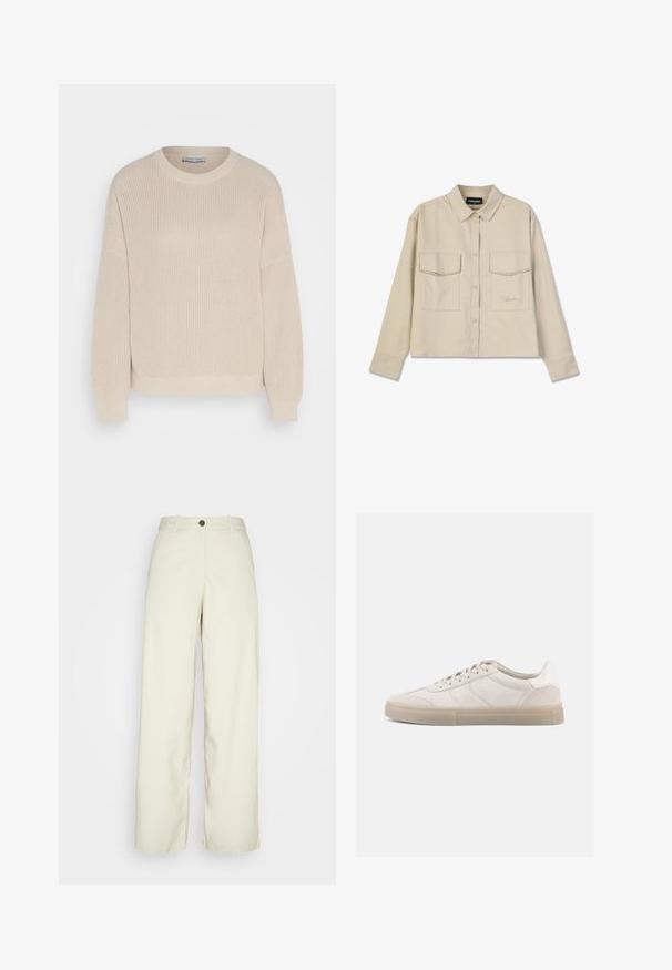 Anna Field by Zalando Pullover - grey; Chemise beige à boutons avec col, manches longues et deux poches poitrine. Présente un logo brodé et une texture lisse et douce.; Weekday ELIO - Pantalon classique - beige dusty light; Baskets en daim beige à profil bas, avec une tige texturée, des surpiqûres ton sur ton et une semelle en caoutchouc claire. Des lacets complètent le design.