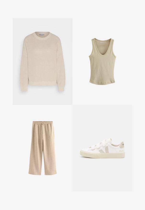 Anna Field Striktrøje - grey; Beige ærmeløs tanktop med rund halsudskæring, lavet af blødt stof, vist fladt mod en hvid baggrund.; Cremefarvede breddebenede bukser lavet af blødt bomuldsblandingsstof. Har en elastisk talje med snor og en subtil plettet tekstur.; Hvide sneakers med velcro-remme, suede detaljer i beige, struktureret gummisål og V-logo i grå. Minimalistisk design, afrundet form.