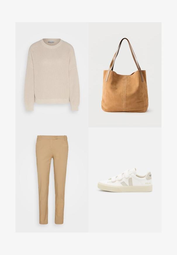 Anna Field by Zalando Pullover - grey; Chinos beiges en tissu léger, avec une coupe slim, une taille standard, des passants de ceinture et des poches avant. Texture lisse.; Baskets blanches avec des bandes Velcro, accents en daim beige, semelle en caoutchouc texturée et logo V gris. Design minimaliste, forme arrondie.; Sac fourre-tout en daim beige avec de longues anses en cuir marron clair, texture douce et couture simple sur un fond blanc uni.