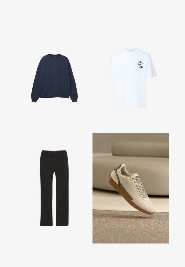 Tummansininen crewneck-huppari, jossa on pitkät hihat sekä resorit hihoissa ja helmassa, esillä valkoista taustaa vasten.; Valkoinen lyhythihainen T-paita, jossa pieni musta kukkakuvio ja "Solid EST. 1999" -teksti vasemmassa rinnassa.; Musta ribbineuloshousut, joissa on rento istuvuus, nyöritablevy vyötäröllä ja suorat lahkeet. Pinta on teksturoitu pystysuuntaisilla raidoilla.; Valkoinen nahkainen lenkkari harmailla yksityiskohdilla, tasaiset nauhat, teksturoitu kieli ja kumipohja. Varustettu hienovaraisilla rei'ityksillä ja sivulla olevalla brändäyksellä.
