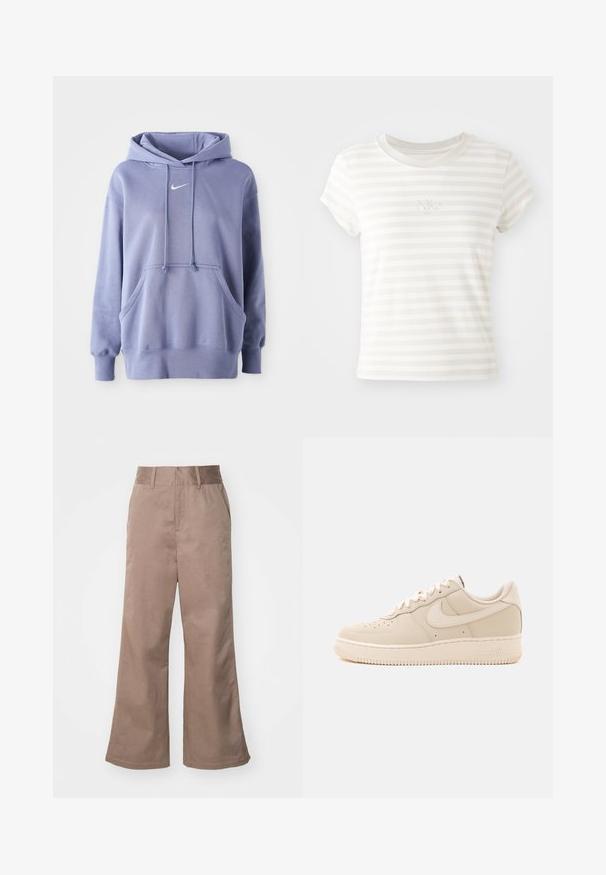 Απαλή μωβ Nike φούτερ, κατασκευασμένο από μαλακό ύφασμα, που διαθέτει μπροστινή τσέπη, κουκούλα με κορδόνι και ένα μικρό λευκό λογότυπο στο στήθος.; Λευκό κοντομάνικο μπλουζάκι με ρίγες από μαλακό βαμβάκι. Διαθέτει στρογγυλή λαιμόκοψη και μικρή κεντημένη λογότυπο Nike στο στήθος.; Καφέ βαμβακερά παντελόνια σε φαρδιά γραμμή με ψηλή μέση, μπροστινές τσέπες και λεία υφή. Το τελείωμα είναι ελαφρώς φαρδύ.; Μπεζ Nike Air Force 1 χαμηλής κοπής με κορδόνια και διάτρητα σημεία στην περιοχή των δακτύλων, με απλό φόντο.