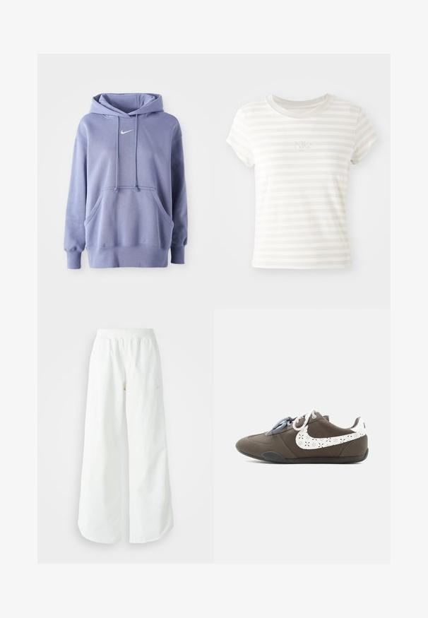 Απαλή μωβ Nike φούτερ, κατασκευασμένο από μαλακό ύφασμα, που διαθέτει μπροστινή τσέπη, κουκούλα με κορδόνι και ένα μικρό λευκό λογότυπο στο στήθος.; Λευκό κοντομάνικο μπλουζάκι με ρίγες από μαλακό βαμβάκι. Διαθέτει στρογγυλή λαιμόκοψη και μικρή κεντημένη λογότυπο Nike στο στήθος.; Λευκό αθλητικό παντελόνι σε φαρδιά γραμμή με ραμμένο ζώνη και διακριτική λεπτομέρεια λογότυπου. Απαλή υφή με άνετη εφαρμογή και στενό στρίφωμα.; Γκρι αθλητικό παπούτσι χαμηλού προφίλ με δίχρωμες κορδόνια και λευκό διατρητό λογότυπο Swoosh στο πλάι, τοποθετημένο σε απλό ανοιχτόφωτο φόντο.