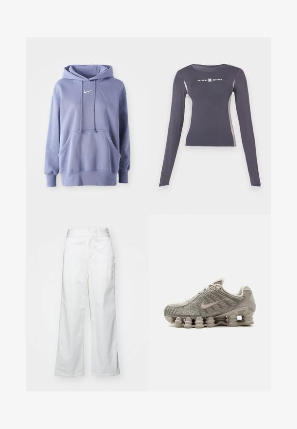 Απαλή μωβ Nike φούτερ, κατασκευασμένο από μαλακό ύφασμα, που διαθέτει μπροστινή τσέπη, κουκούλα με κορδόνι και ένα μικρό λευκό λογότυπο στο στήθος.; Σκοτεινό γκρι αθλητικό μπλουζάκι με μακριά μανίκια και εφαρμοστή γραμμή, με ανοιχτό γκρι πλαϊνές ρίγες και λευκό λογότυπο "Nike Shox" στο στήθος.; Λευκά παντελόνια με φάρδος από βαμβάκι, με λεία υφή, ίσια γραμμή, μπροστινές τσέπες και καθαρό στρίφωμα.; Ανοιχτό μπεζ αθλητικό παπούτσι Nike Shox με ορατή σόλα απορρόφησης κραδασμών σε σχήμα στήλης και λεπτομέρειες από δίχτυ στο επάνω μέρος.