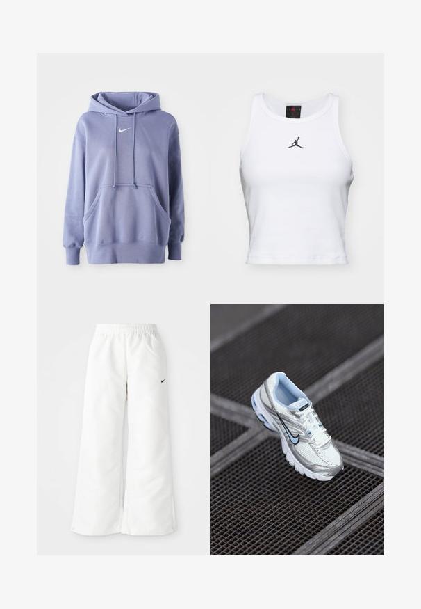 Απαλή μωβ Nike φούτερ, κατασκευασμένο από μαλακό ύφασμα, που διαθέτει μπροστινή τσέπη, κουκούλα με κορδόνι και ένα μικρό λευκό λογότυπο στο στήθος.; Λευκό κροπ τοπ από βαμβάκι με ριγέ υφή. Διαθέτει μαύρο λογότυπο Jordan στο κέντρο και κλασικό στρογγυλό λαιμό.; Λευκά αθλητικά παντελόνια με σχέδιο φαρδιάς γραμμής, ελαστική μέση και μικρό μαύρο λογότυπο Nike στη αριστερή πλευρά. Λείο, ελαφρύ υλικό.; Λευκό αθλητικό παπούτσι από διχτυωτό υλικό με ασημένιες λεπτομέρειες, ανοιχτό μπλε ραφή και μαύρο λογότυπο Swoosh. Διαθέτει επενδεδυμένο κολάρο και υφή στη σόλα.