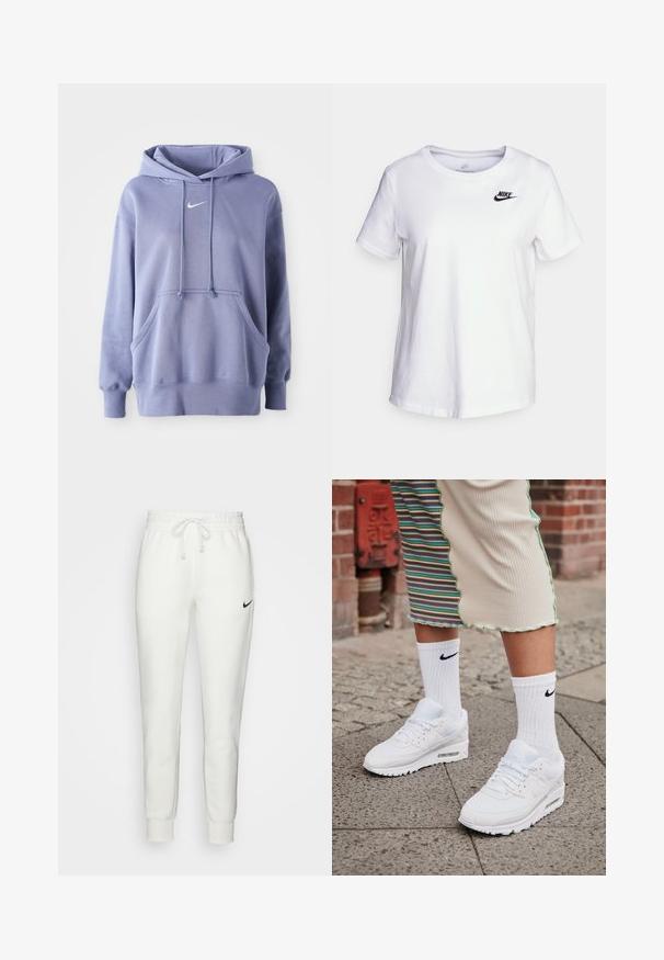 Απαλή μωβ Nike φούτερ, κατασκευασμένο από μαλακό ύφασμα, που διαθέτει μπροστινή τσέπη, κουκούλα με κορδόνι και ένα μικρό λευκό λογότυπο στο στήθος.; Λευκή βαμβακερή μπλούζα με στρογγυλή λαιμόκοψη και κοντά μανίκια. Διαθέτει μαύρο λογότυπο Nike στην επάνω αριστερή πλευρά του στήθους.; Λευκά παντελόνια φόρμας από βαμβάκι με ελαστική μέση, κορδόνι και μαύρο λογότυπο Nike στην αριστερή πλευρά. Στενά μανίκια στους αστραγάλους.; Λευκά Nike Air Max 90 sneakers με επάνω μέρος από διχτυωτό και δερμάτινο υλικό, διαθέτοντας ορατή μονάδα αέρα, καθώς και λευκές ριμπ κάλτσες με μαύρο λογότυπο.