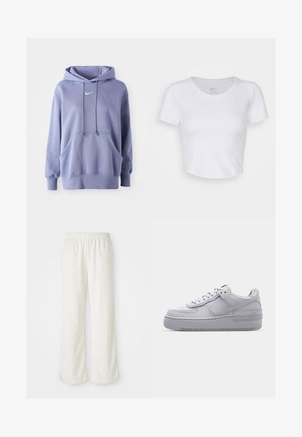 Απαλή μωβ Nike φούτερ, κατασκευασμένο από μαλακό ύφασμα, που διαθέτει μπροστινή τσέπη, κουκούλα με κορδόνι και ένα μικρό λευκό λογότυπο στο στήθος.; Λευκή, κοντομάνικη κοντή μπλούζα από λείο, συνθετικό υλικό. Διαθέτει στρογγυλή λαιμόκοψη και λογότυπο Nike μέσα στον γιακά.; Κρεμ παντελόνια με φαρδιά γραμμή, κατασκευασμένα από ελαφρύ υλικό, με κάθετες ρίγες και ελαστική μέση.; Γκρι Nike Air Force 1 αθλητικό παπούτσι με πορώδη μύτη, λεία δερμάτινη επάνω επιφάνεια, χοντρή σόλα και ανάγλυφη λεπτομέρεια 'AIR' στην φτέρνα.