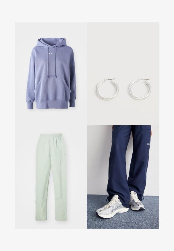 Απαλή μωβ Nike φούτερ, κατασκευασμένο από μαλακό ύφασμα, που διαθέτει μπροστινή τσέπη, κουκούλα με κορδόνι και ένα μικρό λευκό λογότυπο στο στήθος.; Ανοιχτό πράσινα, ελαφριά παντελόνια με ελαστική ζώνη. Σχεδίαση ίσιου ποδιού, με ελάχιστη υφή και διακριτική λεπτομέρεια λογότυπου.; Αθλητικά παπούτσια Nike με ασημένιο δίχτυ επάνω, λευκές λεπτομέρειες και υφασμάτινες σόλες, σε συνδυασμό με χαλαρούς ναυτικούς παντελονιού.; Ζευγάρι μεσαίου μεγέθους γυαλιστερά ασημένια σκουλαρίκια κρίκοι με λεπτά μεταλλικά κλείστρα σε ανοιχτό ουδέτερο φόντο.