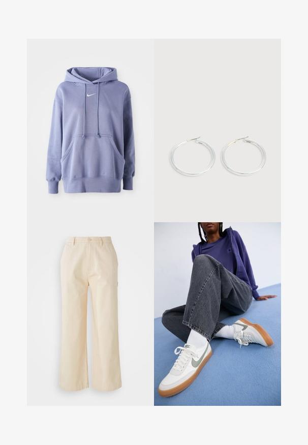Απαλή μωβ Nike φούτερ, κατασκευασμένο από μαλακό ύφασμα, που διαθέτει μπροστινή τσέπη, κουκούλα με κορδόνι και ένα μικρό λευκό λογότυπο στο στήθος.; Ανοιχτό μπεζ παντελόνι σε φαρδιά γραμμή από βαμβάκι με λεία υφή, διαθέτοντας κουμπί μπροστά και πλευρικές τσέπες.; Λευκά sneakers Nike με γκρι λεπτομέρειες, καφέ σόλα, φορεμένα με λευκές κάλτσες. Σκούρα γκρι, ελαφρώς φθαρμένα jeans σε φαρδιά γραμμή. Μπλε φόντο.; Ζεύγος λαμπερών ασημένιων κρίκων με λεπτές σύρμα σφραγίδες, παρουσιασμένα σε ανοιχτό γκρι φόντο.